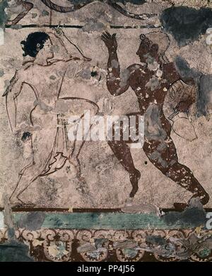 CIVILIZACION ETRUSCA - FRESCO-DANZARINA CON UN BAILARIN - SIGLO VI AC. Lage: TUMBA DE LOS LEONES. TARQUINIA. ITALIA. Stockfoto