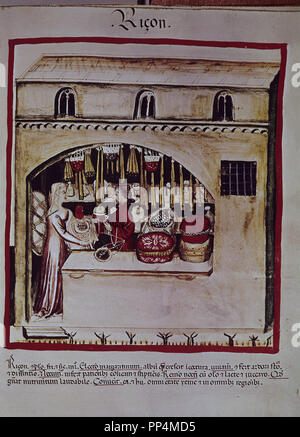 Faksimile DEL THEATRUM SANITATIS-FOOD STORE - Manuskript 14. und 15. Jahrhunderts. Autor: UBUBEHASYM BALDACH O IBN BUTLAN. Lage: CSIC. MADRID. Spanien. Stockfoto