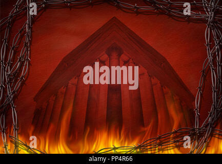 Antike griechische Tempel brennt in Barbed Wire frame Stockfoto