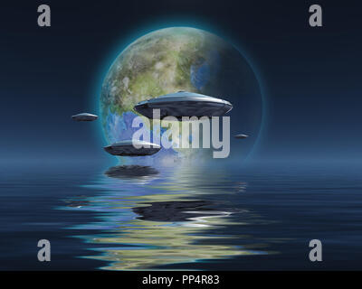 Raumschiffe fliegt über den Ozean. Terraformed Mond am Horizont Stockfoto