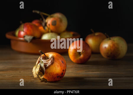 Echte und organische faule Äpfel auf einem Holztisch Stockfoto