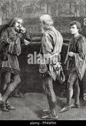 William Shakespeare (1564-1616). Englischer Schriftsteller. Hamlet und die comedians. Akt II, Szene II. Gravur von A.Hopkins. Der iberischen Illustration, 1886. Stockfoto
