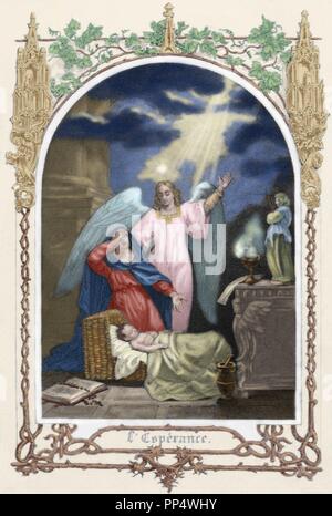 Saint Monica (331-387 v. Chr.) Vertrauen Gott ihren Sohn rettet. Allegorie der Hoffnung. Farbige Gravur. Stockfoto
