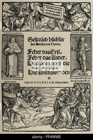 Ulrich von Hutten (1488-1523). Deutsche Schriftsteller und Theologe. Faksimile der Abdeckung des Booklet von Gesprächen. Gravur in der Geschichte der Bundesrepublik Deutschland, 1882. Stockfoto