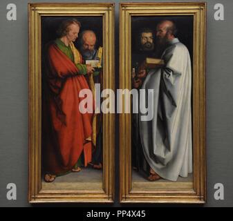 Albrecht Dürer (1471 - 1528) war ein deutscher Maler. Northern Renaissance. Die vier Apostel. Es wurde 1526 fertiggestellt. Saint John und Peter (Links). Heiligen Mark und Paul (rechts). St. Johannes Evangelisth: Open de Buch. St. Peter: Schlüssel. St. Marck: blättern. Der hl. Paulus: Schwert und Geschlossen de Buch. Alte Pinakothek. München. Deutschland. Stockfoto