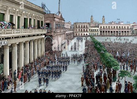 Uruguay. Montevideo. Armee Parade zu Ehren der Präsident Julio Herrera Obes (1841-1912). Mai 1, 1890. Kupferstich von Urgelles. Die Abbildung, 1890. Farbige Gravur. Stockfoto