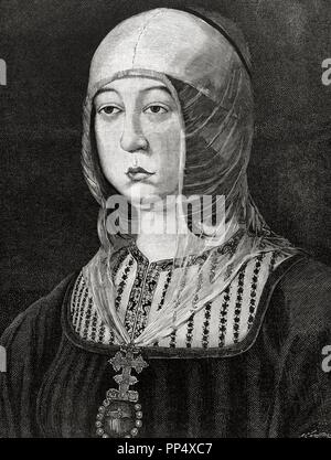 Isabella I. von Kastilien (1451-1504). Königin von Kastilien. Kupferstich von Arturo Carretero in der spanischen und amerikanischen Illustration, 1886. Stockfoto