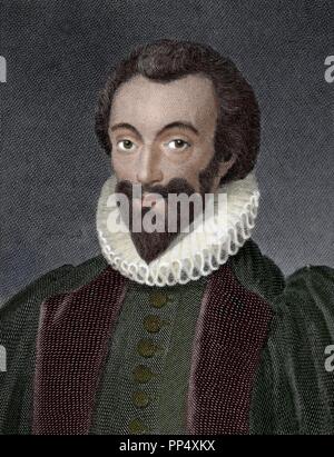 John Donne (1572-1631), englischer Dichter, Satiriker, Rechtsanwalt und ein Kleriker in der Kirche von England. Er ist der herausragende Vertreter der metaphysischen Dichter angesehen. Kupferstich von W. Bromley. Gefärbt. Stockfoto