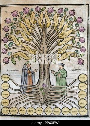 Llull, Ramon (1233/1235 -1315/1316). Mallorquinische Schriftsteller und Philosoph. Farbige Gravur von "Arbor Scientiae" (Baum des Wissens) im Leiden im Jahre 1635 veröffentlicht. Stockfoto