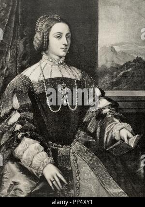 Isabella von Portugal (1503-1539). Königin von Spanien und Kaiserin von Deutschland. Gravur nach einem Gemälde von Tizian, das von Al Dauvergne. Die künstlerische Abbildung: 1902. Stockfoto
