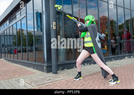 Glasgow, Schottland, Großbritannien. 23. September, 2018. Eine weibliche Cosplayer Anreise am Tag zwei des MCM Schottland Comic Con an der sek Center statt. Credit: Skully/Alamy leben Nachrichten Stockfoto