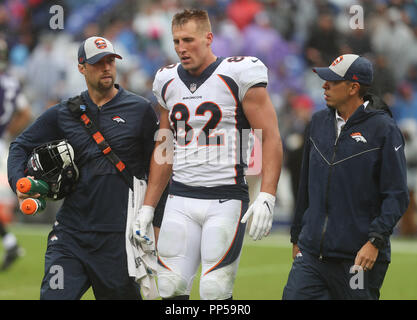 Baltimore, USA. 23. September, 2018. Denver Broncos TE Jeff Heuerman (82) Geht weg vom Feld im vierten Quartal ein Spiel gegen die Baltimore Ravens bei M&T Bank Stadium in Baltimore, MD, am 23. September 2018. Foto/Mike Buscher/Cal Sport Media Credit: Cal Sport Media/Alamy leben Nachrichten Stockfoto