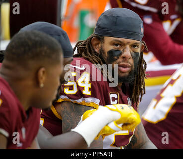 Landover, MD, USA. 23 Sep, 2018. Washington Redskins LB #54 Mason fördern während einer NFL Football Spiel zwischen den Washington Redskins und die Green Bay Packers am FedEx Feld in Landover, Md. Justin Cooper/CSM/Alamy leben Nachrichten Stockfoto