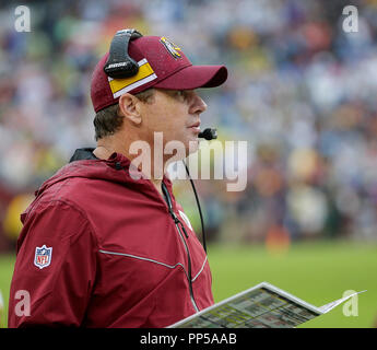 Landover, MD, USA. 23 Sep, 2018. Washington Redskins Head Coach Jay Gruden während einer NFL Football Spiel zwischen den Washington Redskins und die Green Bay Packers am FedEx Feld in Landover, Md. Justin Cooper/CSM/Alamy leben Nachrichten Stockfoto