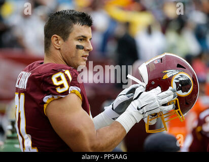 Landover, MD, USA. 23 Sep, 2018. Washington Redskins LB #91 Ryan Kerrigan während einer NFL Football Spiel zwischen den Washington Redskins und die Green Bay Packers am FedEx Feld in Landover, Md. Justin Cooper/CSM/Alamy leben Nachrichten Stockfoto