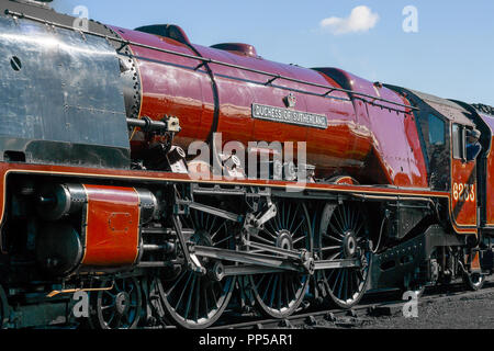 Kidderminster, Großbritannien. 23. September, 2018. Besuch im Dampfbad Riesen am Severn Valley Railway Herbst Dampf Gala sind endlich in ihrer ganzen strahlenden Herrlichkeit gesehen. Gast UK Lokomotive, die Herzogin von Sutherland Nr.6233, verbringt die letzten Tag ihres working holiday Reisen auf dem Erbe Linie zwischen Kidderminster und Bridgnorth per Eisenbahn Begeisterte jeden Alters bewundert werden. Quelle: Lee Hudson/Alamy leben Nachrichten Stockfoto