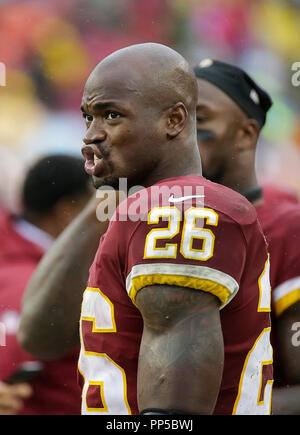 Landover, MD, USA. 23 Sep, 2018. Washington Redskins RB #26 Adrian Peterson während einer NFL Football Spiel zwischen den Washington Redskins und die Green Bay Packers am FedEx Feld in Landover, Md. Justin Cooper/CSM/Alamy leben Nachrichten Stockfoto