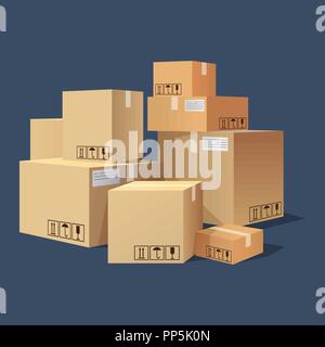Viele Schachteln, Kartons unterschiedlicher Größe, Haufen von Paket Stock Vektor