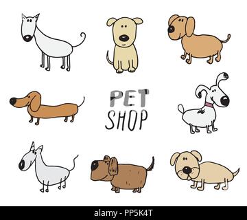 Lustige Hunde doodle Einrichten. Hand skizziert Haustiere Sammlung Vector Illustration auf weißem Hintergrund Stock Vektor