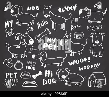 Lustige Hunde doodle Einrichten. Hand skizziert Haustiere Sammlung Vector Illustration auf schiefertafel Hintergrund Stock Vektor