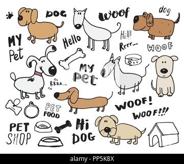Lustige Hunde doodle Einrichten. Hand skizziert Haustiere Sammlung Vector Illustration auf weißem Hintergrund Stock Vektor