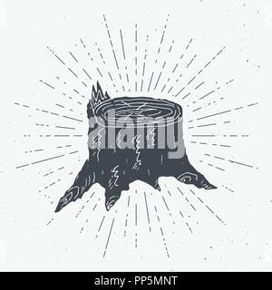 Baumstumpf vintage Label, Hand Skizze gezeichnet, Grunge texturierte retro Abzeichen, Typografie Design T-Shirt drucken, Vector Illustration. Stock Vektor