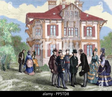 Henri Cordier (1849-1925). Französische Sprachwissenschaftler, Historiker und Autor. Trouville. Das Chalet Cordier, aktueller Wohnsitz von Thiers. Kupferstich von capuz. Die spanische und amerikanische Abbildung: 1872. Gefärbt. Stockfoto