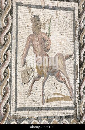 Spanien. Italica. Römische Stadt gegründet ca. 206 v. Chr.. Haus des Planetariums. Mosaik von Bacchus und Ariadne. Zentaur. Andalusien. Stockfoto