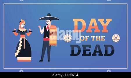 Tag der Toten traditionelle mexikanische halloween Dia de los Muertos Holiday Party paar Mann Frau tragen Skelett Masken feiern Konzept horizontale Einladung Grußkarte Flachbild in voller Länge Stock Vektor