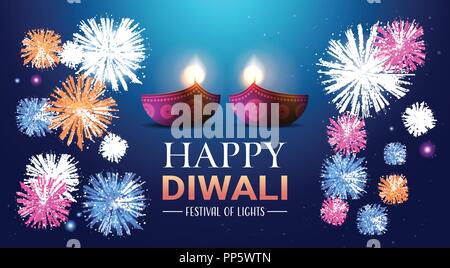 Happy diwali traditionelle indische Lichter hindu Festival feiern Feiertag Konzept flachbild Grußkartenvorlage Einladung horizontale Platz kopieren Stock Vektor