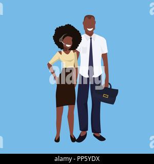 Afrikanische amerikanische Geschäftsmann headset Betreiber Frau Paar gemeinsam erfolgreiche Mitarbeiter Konzept weiblich männlich cartoon Charakter voller Länge blauer Hintergrund, flach Stock Vektor