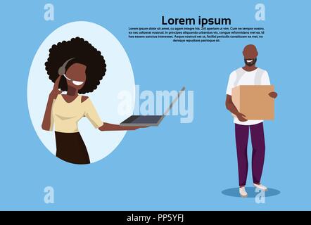 African American man call center Frau operator Support Service Konzept Zeichentrickfigur corier horizontale Kopie Raum flach Stock Vektor