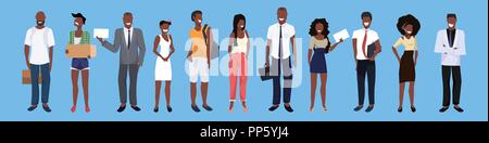 Afrikanische amerikanische Volk Gruppe unterschiedliche Besetzung eingestellt Männer Frauen angestellte Arbeiter männlich weiblich Zeichentrickfigur horizontale banner Flachbild Vector Illustration Stock Vektor