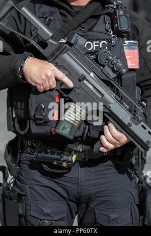 Autorisierte Feuerwaffen Officer (AFO) Ein britischer Polizeioffizier in Liverpool, Großbritannien. Waffen, Polizei, Polizei, Uniform, britischen, Kraft, Officer, Recht, Waffen, Sicherheit, Kontrolle, England, Patrouille, Gewehr, Waffe, Waffen, Militär, Pistole, Pistole, Sicherheit, Kriminalität, Schutz, Patrouille, Durchsetzung, cop, Kriminalität, Schuß, Gefahr, schwarzen Uniformen, Waffen und Ausrüstung der britischen Polizei an der jährlichen Konferenz der Labour Party, 2018. Stockfoto