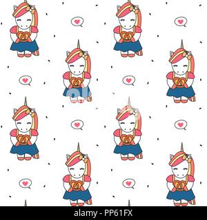 Cute cartoon Einhorn mit Brezel nahtlose Vektor Muster Hintergrund Abbildung: Einhorn mit Brezel Stock Vektor