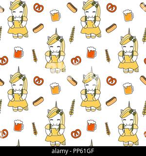 Cute cartoon Oktoberfest nahtlose Vektor Muster Hintergrund Abbildung mit Einhörner, Bier, Hot Dogs, Brezeln und Weizen Stock Vektor