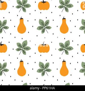 Cute Herbst nahtlose Vektor Muster Hintergrund Abbildung mit Kürbissen und Blätter Stock Vektor