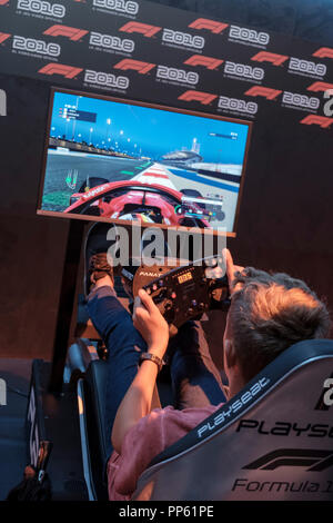 Besucher im Fahrsimulator F1 2018 die weltweit größte Messe für Computer- und Videospiele der Gamescom in Köln am 24.8.2018 Stockfoto