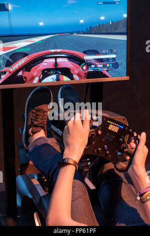 Besucher im Fahrsimulator F1 2018 die weltweit größte Messe für Computer- und Videospiele der Gamescom in Köln am 24.8.2018 Stockfoto