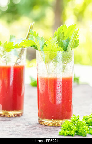 Zwei Gläser Tomatensaft hausgemachte aus dem Garten Gemüse aus ökologischem Anbau Stockfoto