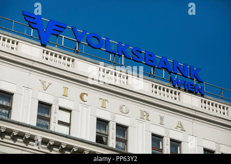 Ein logo Zeichen außerhalb des Hauptsitzes der Volksbank Wien in Wien, Österreich, am 6. September 2018. Stockfoto