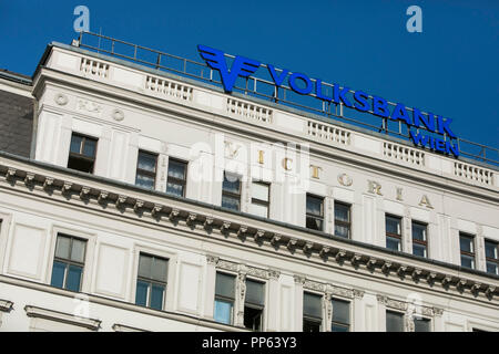 Ein logo Zeichen außerhalb des Hauptsitzes der Volksbank Wien in Wien, Österreich, am 6. September 2018. Stockfoto