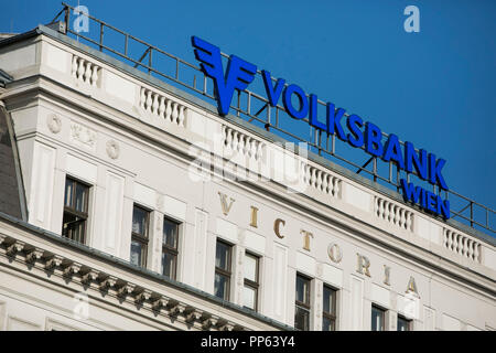 Ein logo Zeichen außerhalb des Hauptsitzes der Volksbank Wien in Wien, Österreich, am 6. September 2018. Stockfoto