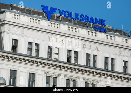 Ein logo Zeichen außerhalb des Hauptsitzes der Volksbank Wien in Wien, Österreich, am 6. September 2018. Stockfoto