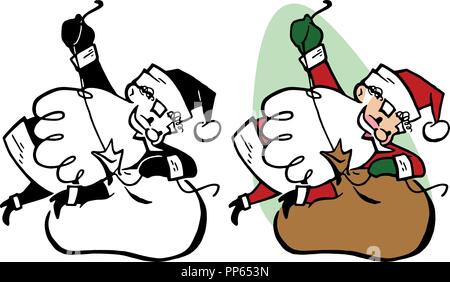 Ein Cartoon von Santa Claus band seine Tasche voller Weihnachtsgeschenke abgeschaltet. Stock Vektor