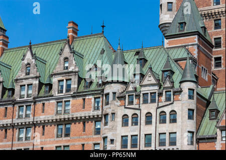 Architektonische Details der Château Frontenac - ein historisches Hotel in der Altstadt von Quebec obere Stadt. Die Gegend ist ein UNESCO-Weltkulturerbe. Stockfoto