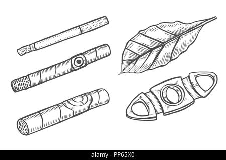 Zigarren und Guillotine, Blätter des Tabaks. Rauchen einstellen. Skizze Gravur Stil. Stock Vektor