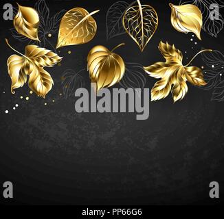 Gold, Schmuck, glänzende, Herbst und Kontur grau Blätter auf schwarzen Hintergrund. Stock Vektor