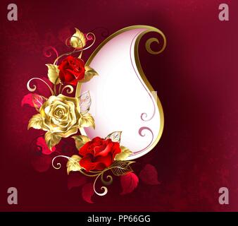 Goldene Banner in Form von Paisley, dekoriert mit roten Rosen mit Gold, Schmuck Blätter rot, strukturierten Hintergrund. Stock Vektor