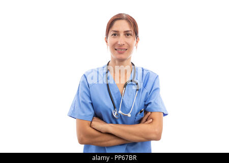 Porträt der Frau, eine Krankenschwester oder der Arzt lächelnd trägt blaue Kittel und Stethoskop als freundliche medizinische Klinik Spezialist Konzept isoliert auf weißem backgr Stockfoto